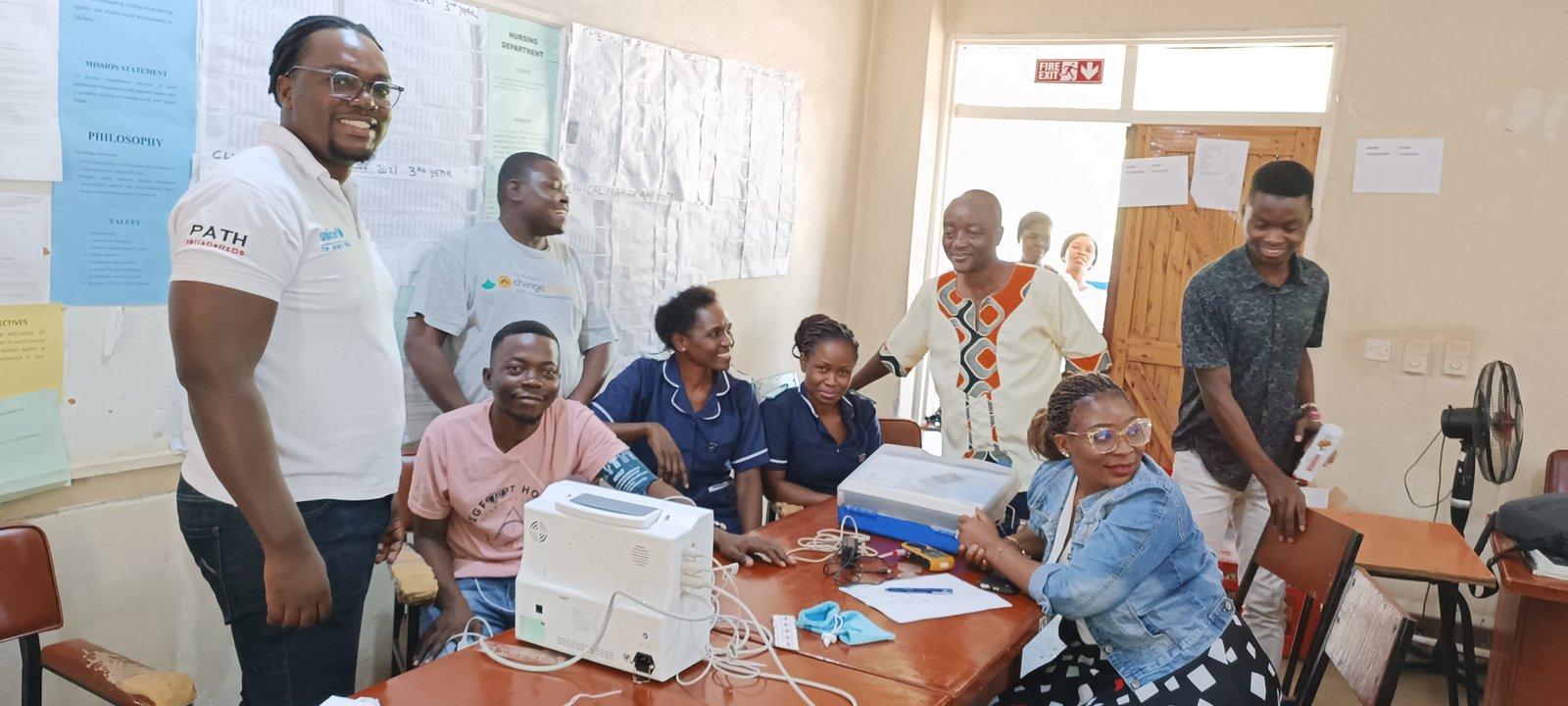 A practical session on oxygen monitoring devices with staff from Trinity College of Health Sciences and Trinity Hospital.  Photo: PATH/Happy Banda.
