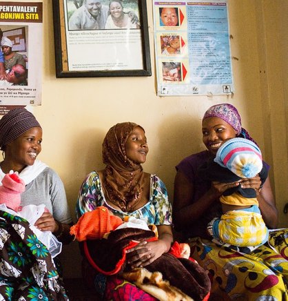 Women at health clinic with children. Photo: PATH/Trevor Snapp