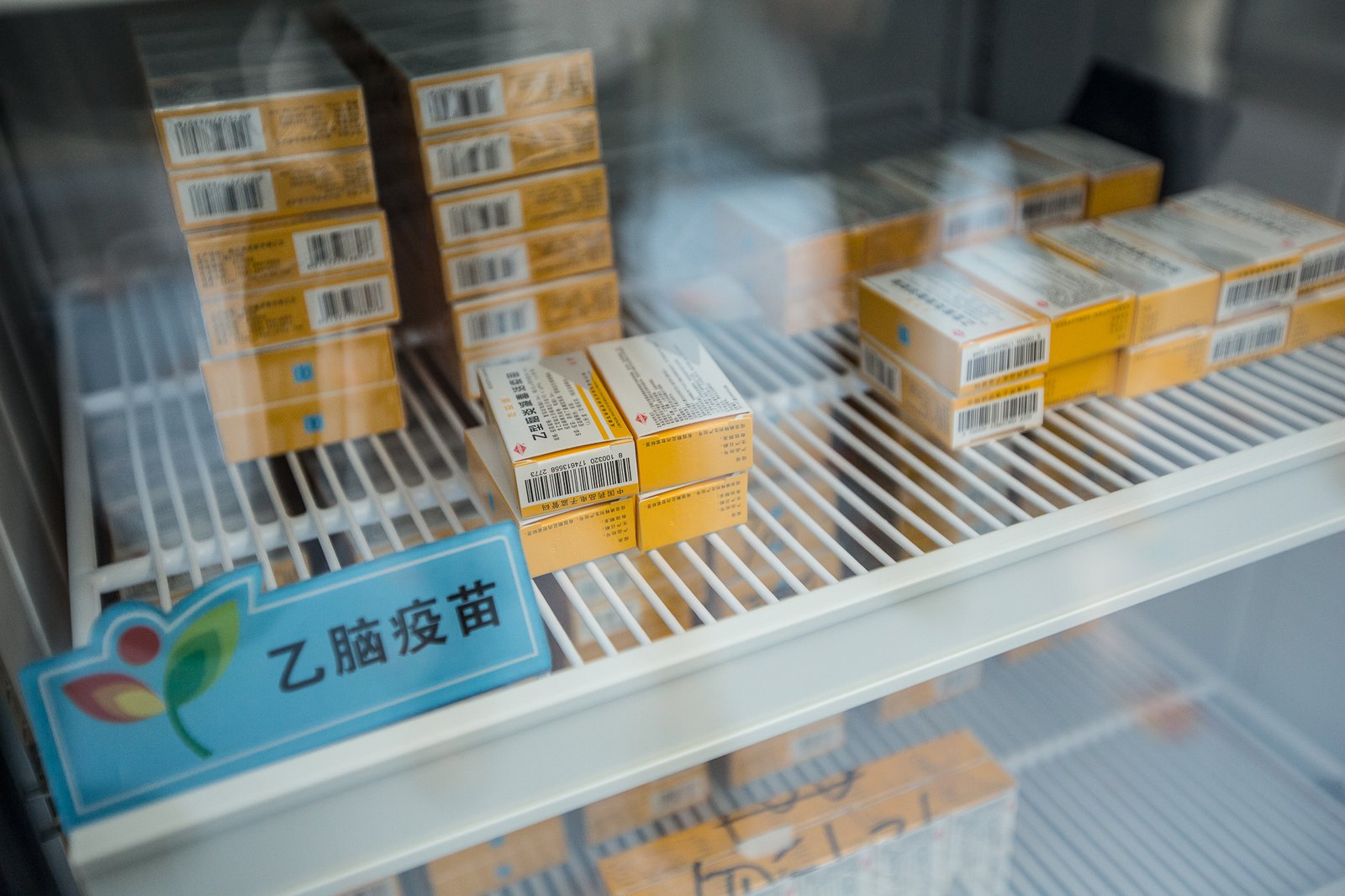 Boxes of medication shown through a refrigerator window.