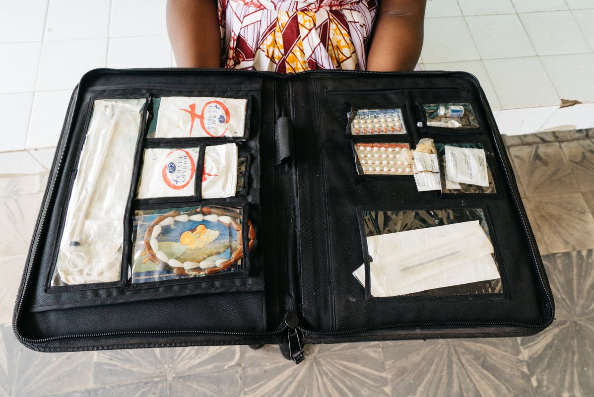 A community health worker's travel case of family planning options including the injectable contraceptive DMPA-SC (brand name Sayana Press)