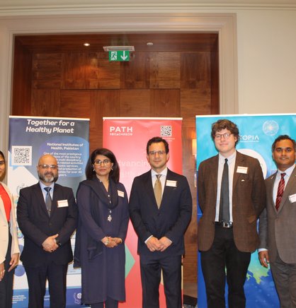 Left to right: Hadiya Ali Khan, PATH; Faraz Zaidi, Pakistan; H. E. Ambassador Amna Baloch, Pakistan; Dr. Rolando Tomasini, PATH; Eric Piaget, EUTOPIA; and Dr. Muhammad Adeel, Pakistan.Photo: PATH/Photographer: Ammani Ali Khan.