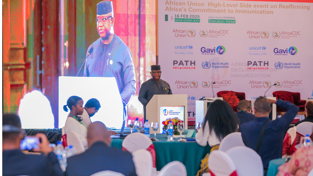 HE Julius Maada Bio, President of Sierra Leone, delivers his keynote speech at the high-level side session on reaffirming Africa’s commitment to immunization during the 38th African Union Summit in Addis Ababa, Ethiopia. Photo: UNICEF.